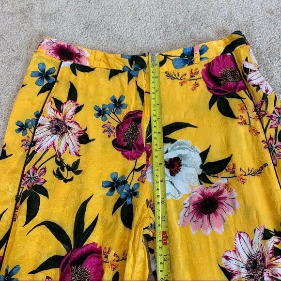 Topshop Asian Oriental yellow floral flower print wide leg trousers belted Sz 8 - Picture 13 of 16